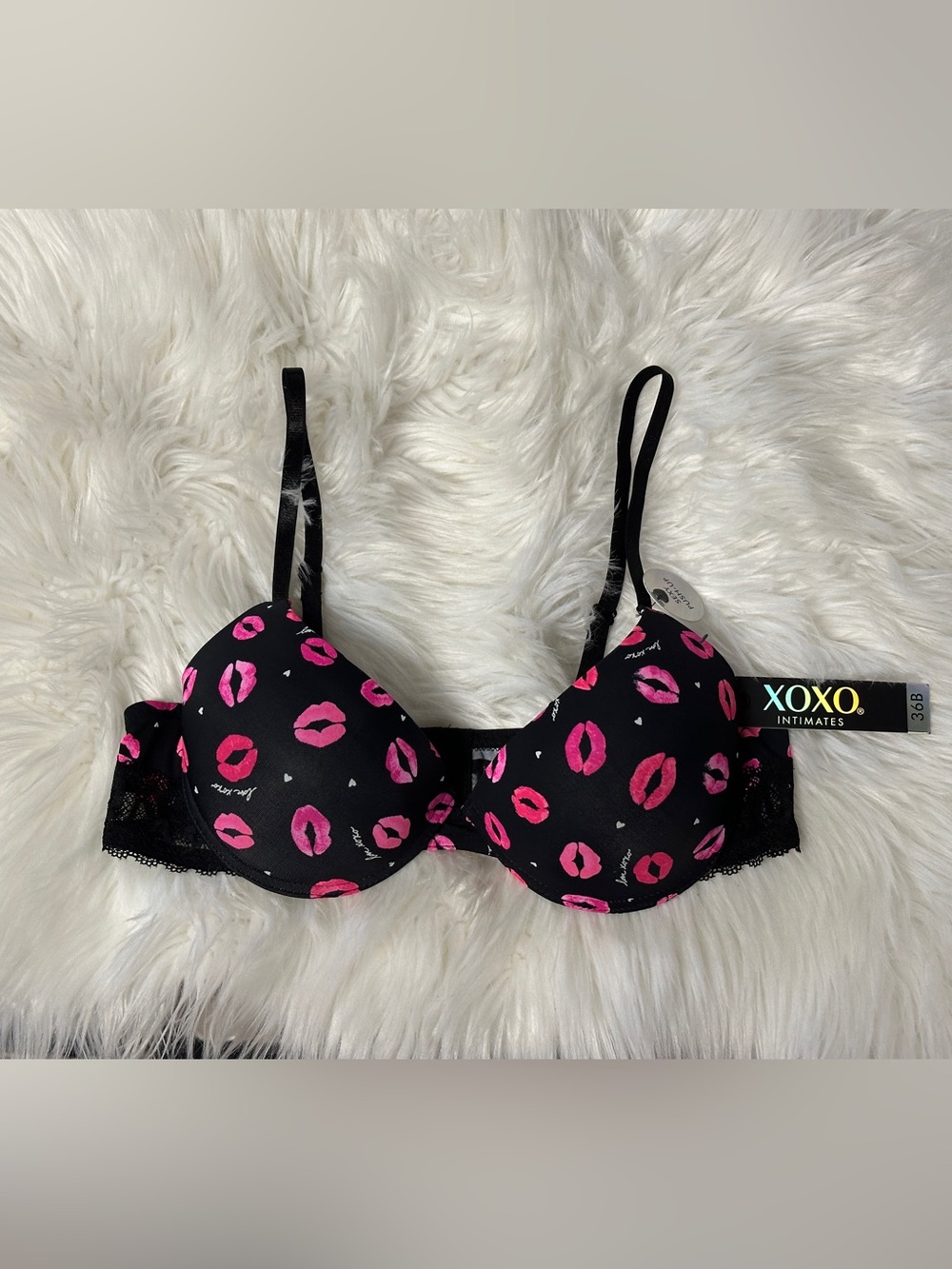 XOXO Black Bra with Neon Pink Poppy Lip Print